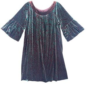 SL Fashions Y2K Velour Paisley Print Flared Bell Sleeve Dress Sz 14W Brown Teal
